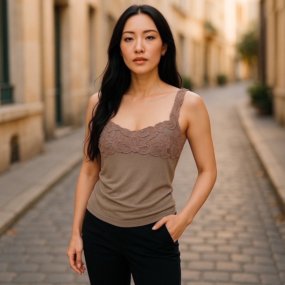 LUNA Silky Low-cut Tank with Soutache Detail Taupe rosettes Travel Resort